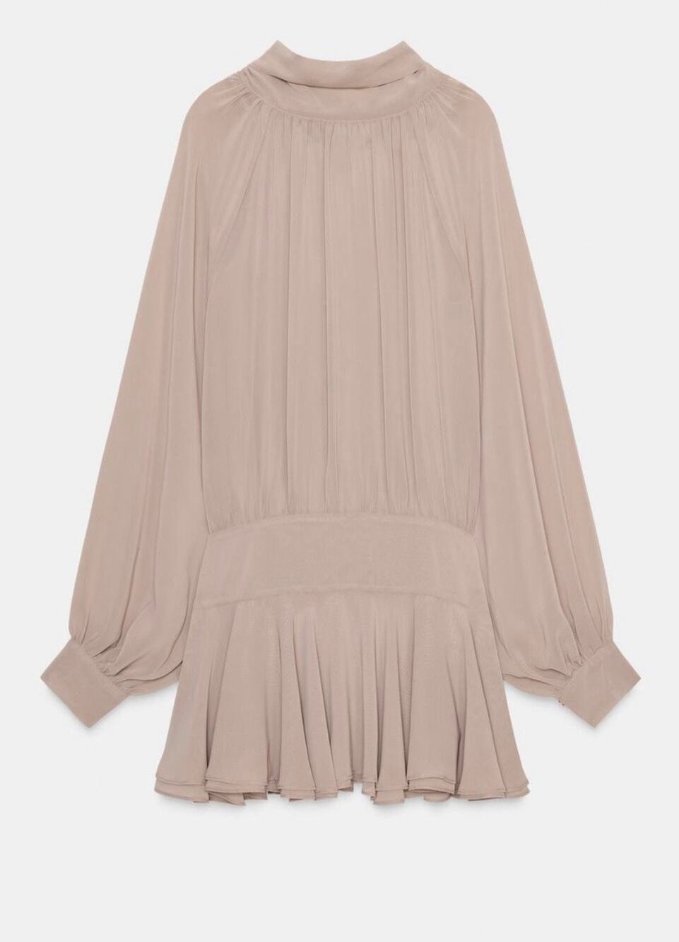 Zara Taupe Balloon Long Sleeve Tie Mock Neck Drop Waist Blogger Mini Dress M